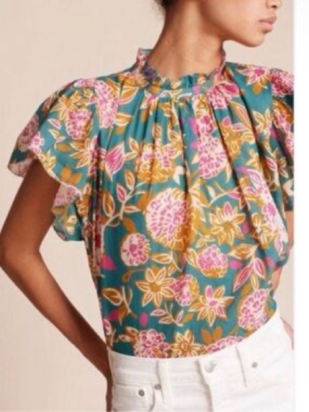Trovata Carla Floral Pleated Ruffle-Sleeve Top- Birds of Paradis